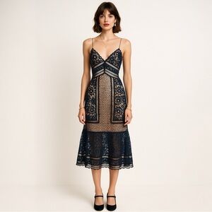 Self Portrait Dress US 2 / 4 Navy Crochet Lace Romantic Coquette Midi